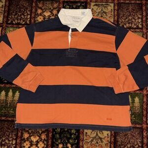 IZOD Shirt Mens Large Rugby Polo Long Sleeve Orange Navy Stripe Retro Varsity